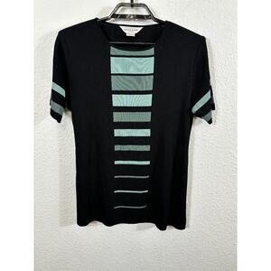Exclusively Misook Top Womens Petite PM Acrylic Short Sleeve Black Green Striped